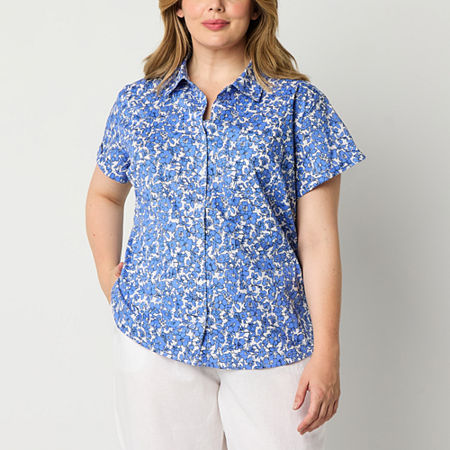 St. John's Bay Plus Womens Short Sleeve Regular Fit Button-Down Shirt, 0x, Blue
