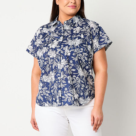 St. John's Bay Plus Womens Short Sleeve Adaptive Regular Fit Easy-on + Easy-off Hidden Access Opening Button-Down Shirt, 1x, Blue
