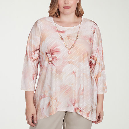 Alfred Dunner Coming Up Roses Womens Plus Crew Neck 3/4 Sleeve T-Shirt, 1x, Pink