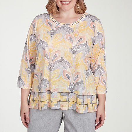 Alfred Dunner Dress Code Womens Plus Crew Neck 3/4 Sleeve T-Shirt, 1x, Yellow