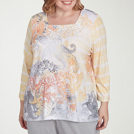 Alfred Dunner Dress Code Womens Plus Square Neck 3/4 Sleeve T-Shirt, 1x, Yellow