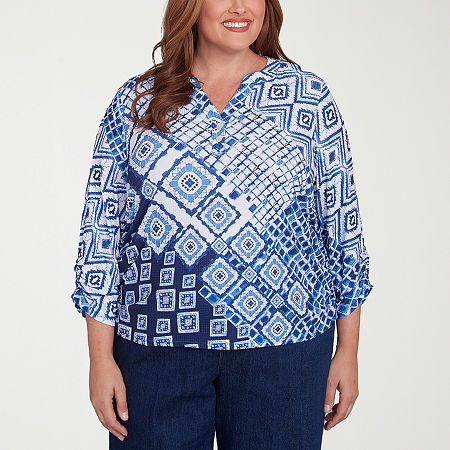 Alfred Dunner Free Spirit Womens Plus Split Crew Neck 3/4 Sleeve T-Shirt, 1x, Blue