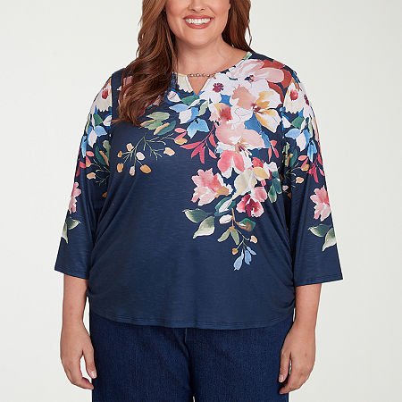 Alfred Dunner Free Spirit Womens Plus Keyhole Neck 3/4 Sleeve T-Shirt, 1x, Blue