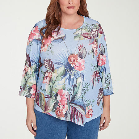 Alfred Dunner Plus Free Spirit Womens Crew Neck 3/4 Sleeve Tunic Top, 1x, Blue