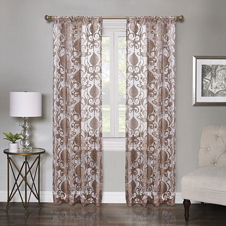 Regal Home Lombardi Floral Rod Pocket Sheer Single Curtain Panels, One Size, Brown