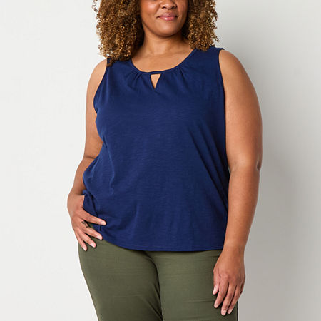 St. John's Bay Womens Plus Keyhole Neck Sleeveless Tank Top, 0x, Blue