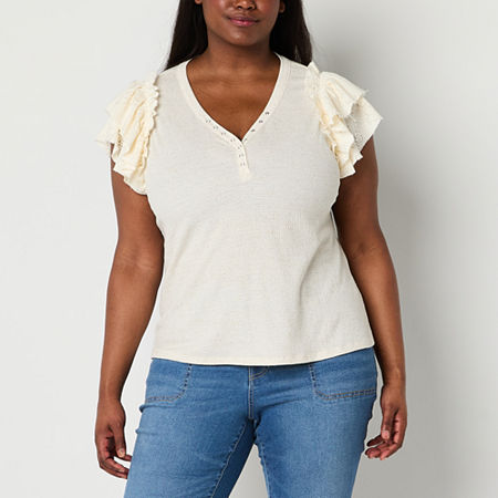 Frye and Co. Plus Womens Y Neck Short Sleeve Blouse, 1x, White