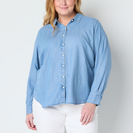 Liz Claiborne Plus Womens Long Sleeve Regular Fit Button-Down Shirt, 1x, Blue