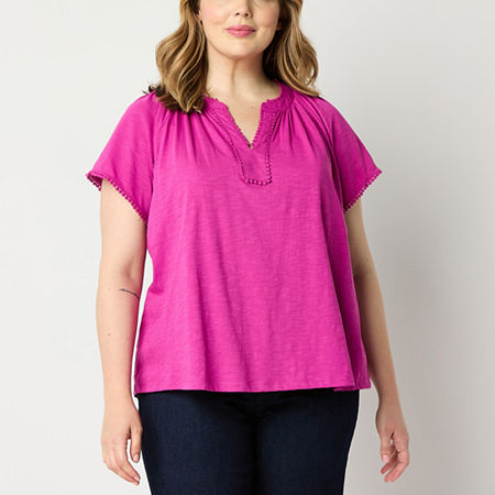 St. John's Bay Womens Plus Split Crew Neck Short Sleeve Tank Top, 1x, Pink