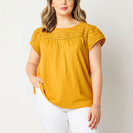 St. John's Bay Womens Plus Crew Neck Short Sleeve Tank Top, 1x, Yellow