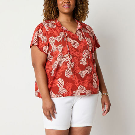 St. John's Bay Plus Womens Split Tie Neck Short Sleeve Blouse, 3x, Red