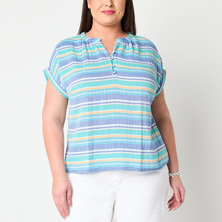 St. John's Bay Plus Womens Round Neck Short Sleeve Blouse, 0x, Blue