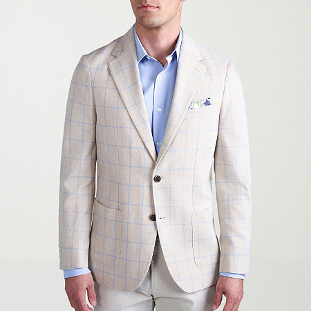 J.M. Haggar Men's Windowpane Slim Fit Blazer, 40 Short, Beige