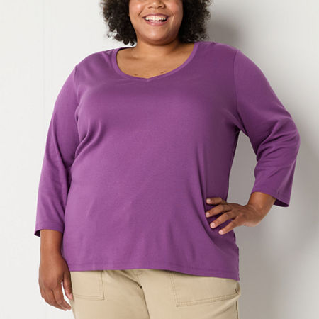 St. John's Bay Womens Plus V Neck 3/4 Sleeve T-Shirt, 5x, Purple