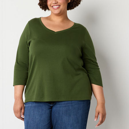 St. John's Bay Womens Plus V Neck 3/4 Sleeve Adaptive Easy-on + Easy-off T-Shirt, 3x, Green