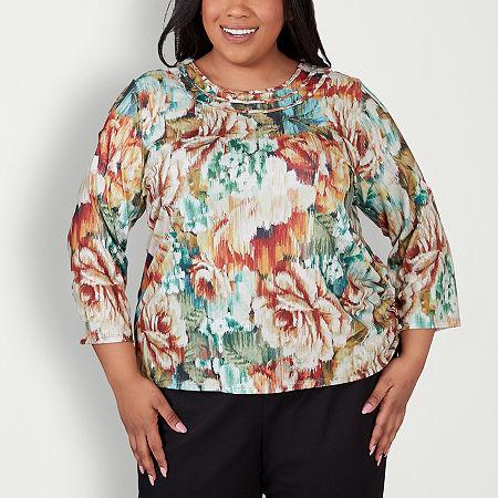 Alfred Dunner Classics Womens Plus 3/4 Sleeve T-Shirt, 1x, Brown