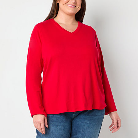 Liz Claiborne Womens Plus V Neck Long Sleeve T-Shirt, 2x, Red
