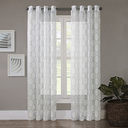 Regal Home Crushed Voile Geo Print Grommet Top Sheer Single Curtain Panels, One Size, White