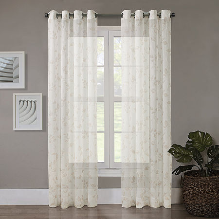 Regal Home Crushed Voile Leaves Print Grommet Top Sheer Single Curtain Panels, One Size, Beige