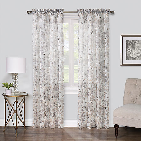 Regal Home Floral Printed Voile Rod Pocket Sheer Single Curtain Panels, One Size, Beige