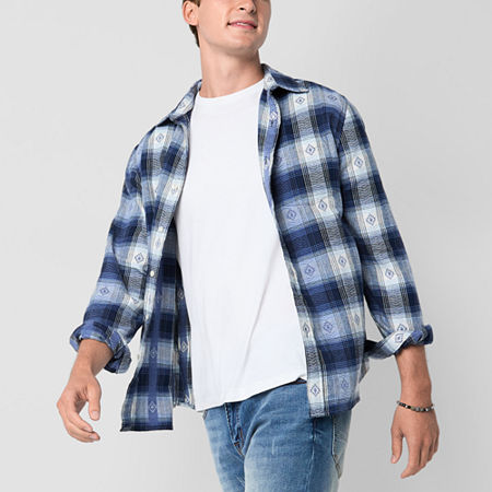 Arizona Mens Long Sleeve Plaid Button-Down Shirt, Medium, Blue