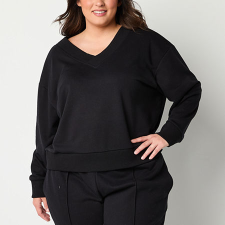 Xersion Womens Plus Classic French Terry V Neck Long Sleeve Sweatshirt, 0x, Black
