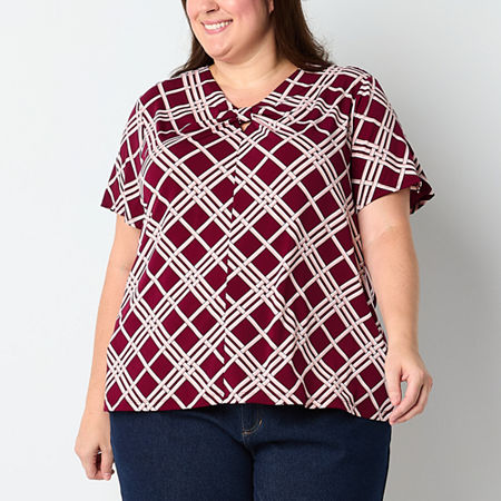 Liz Claiborne Plus Womens Keyhole Neck Short Sleeve Blouse, 1x, Red