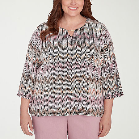 Alfred Dunner Telluride Womens Plus Split Crew Neck 3/4 Sleeve T-Shirt, 1x, Brown