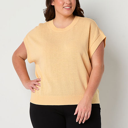 Stylus Plus Womens Crew Neck Short Sleeve Pullover Sweater, 1x, Yellow