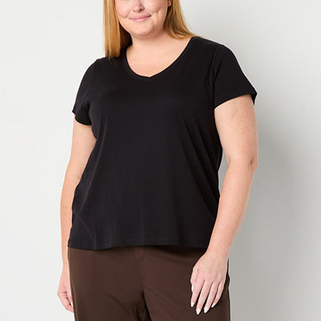 St. John's Bay Womens Plus V Neck Short Sleeve Adaptive Easy-on + Easy-off T-Shirt, 0x, Black