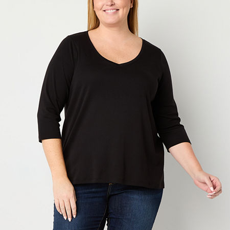 St. John's Bay Womens Plus V Neck 3/4 Sleeve Adaptive Easy-on + Easy-off T-Shirt, 3x, Black