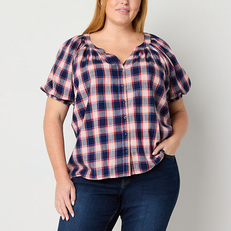 St. John's Bay Plus Womens Split Crew Neck Short Sleeve Blouse, 2x, Blue