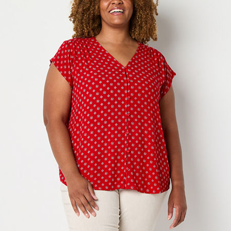 Liz Claiborne Plus Womens V Neck Short Sleeve Blouse, 0x, Red
