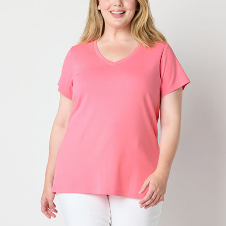 St. John's Bay Womens Plus V Neck Short Sleeve T-Shirt, 3x, Pink