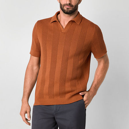 Stafford Johnny Collar Mens Short Sleeve Polo Sweater, Large, Brown