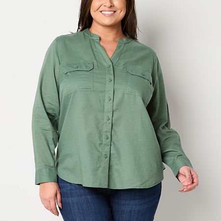 St. John's Bay Plus Womens Long Sleeve Adaptive Regular Fit Hidden Access Opening Button-Down Shirt, 1x, Green