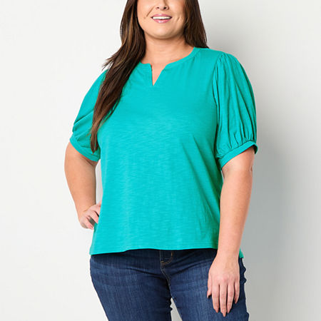 St. John's Bay Plus Womens Split Crew Neck Short Sleeve Blouse, 3x, Blue