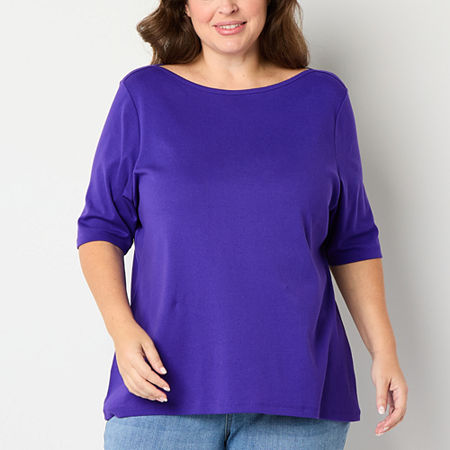 St. John's Bay Womens Plus Boat Neck Elbow Sleeve T-Shirt, 1x, Purple