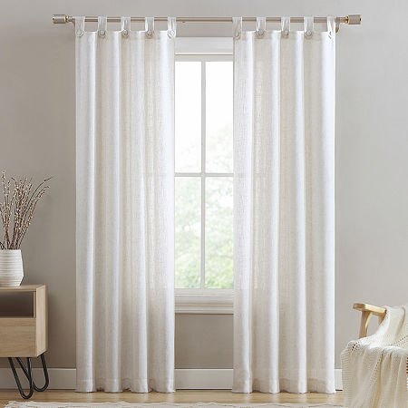 Beatrice Home Fashions Monroe Button Linen Blend Tab Top Light-Filtering Set of 2 Curtain Panels, One Size, White