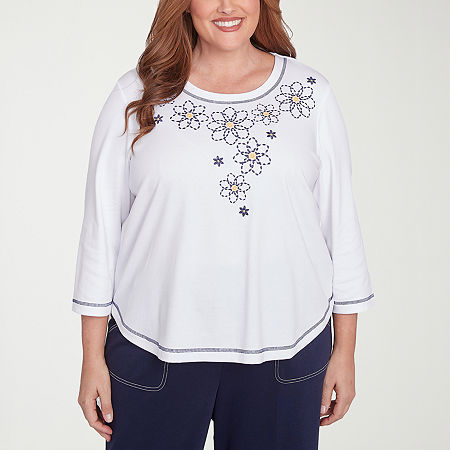 Alfred Dunner Block Island Womens Plus Crew Neck 3/4 Sleeve T-Shirt, 2x, White
