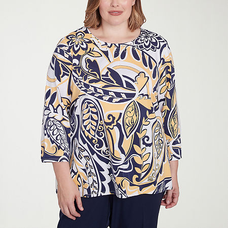 Alfred Dunner Block Island Womens Plus Crew Neck 3/4 Sleeve T-Shirt, 2x, Yellow