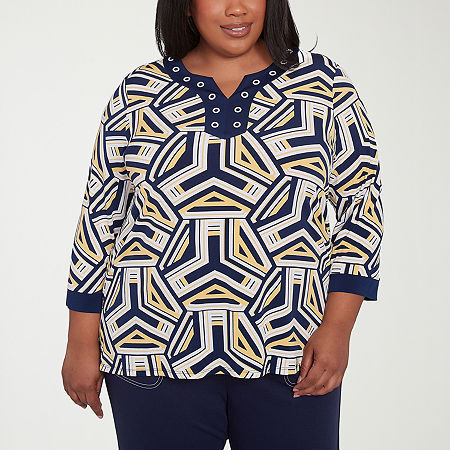 Alfred Dunner Block Island Womens Plus Split Crew Neck 3/4 Sleeve T-Shirt, 1x, Blue