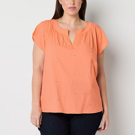 St. John's Bay Plus Womens Split Crew Neck Short Sleeve Blouse, 5x, Orange