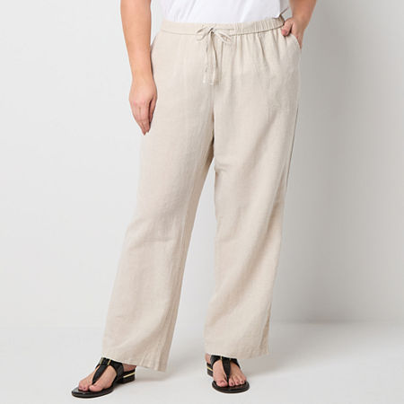Liz Claiborne Linen Womens Mid Rise Wide Leg Drawstring Pants - Plus, 2x, Beige