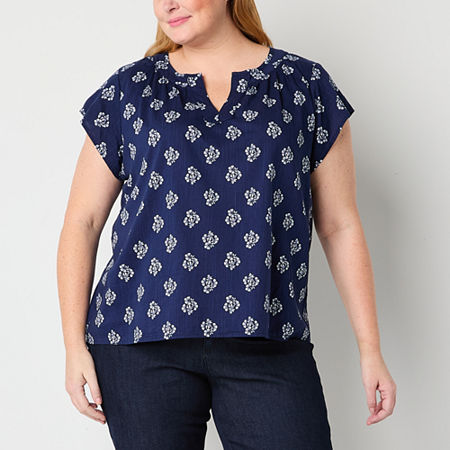 St. John's Bay Plus Womens Split Crew Neck Short Sleeve Adaptive Easy-on + Easy-off Hidden Access Opening Blouse, 1x, Blue