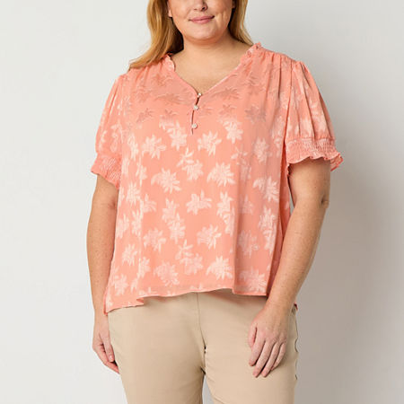 Liz Claiborne Plus Womens V Neck Short Sleeve Blouse, 1x, Orange