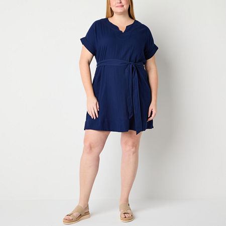 St. John's Bay Womens Short Sleeve Shift Dress Plus, 0x, Blue