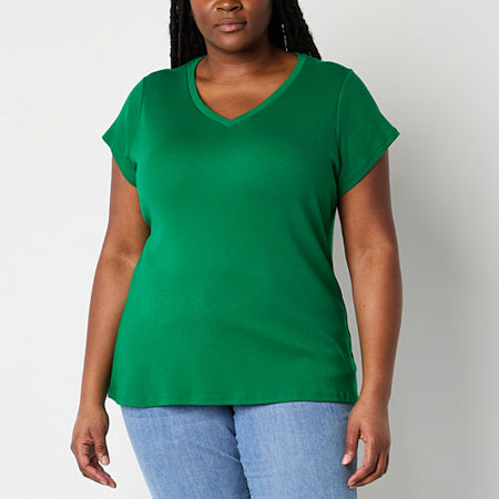 Liz Claiborne Womens Plus V Neck Short Sleeve T-Shirt, 0x, Green