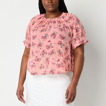 Liz Claiborne Plus Womens Crew Neck Short Sleeve Blouse, 1x, Pink