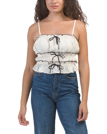 Smocked Velvet Trim Tie Top for Women | Polyester